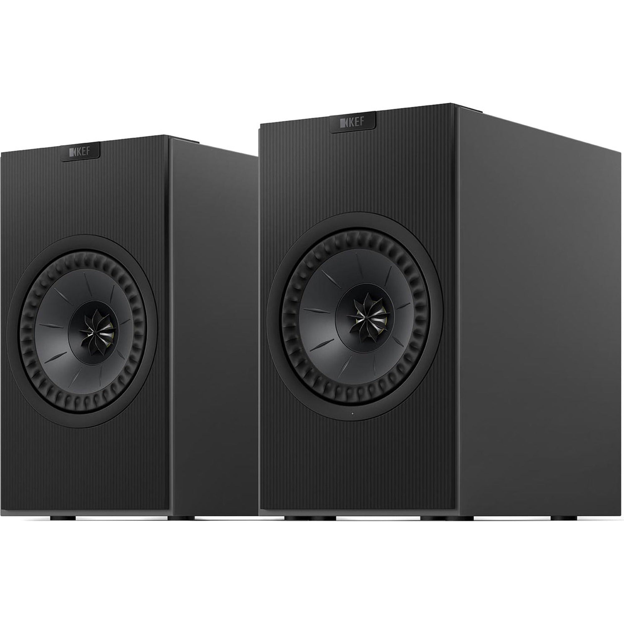 KEF Coda W active bookshelf speakers, front view.