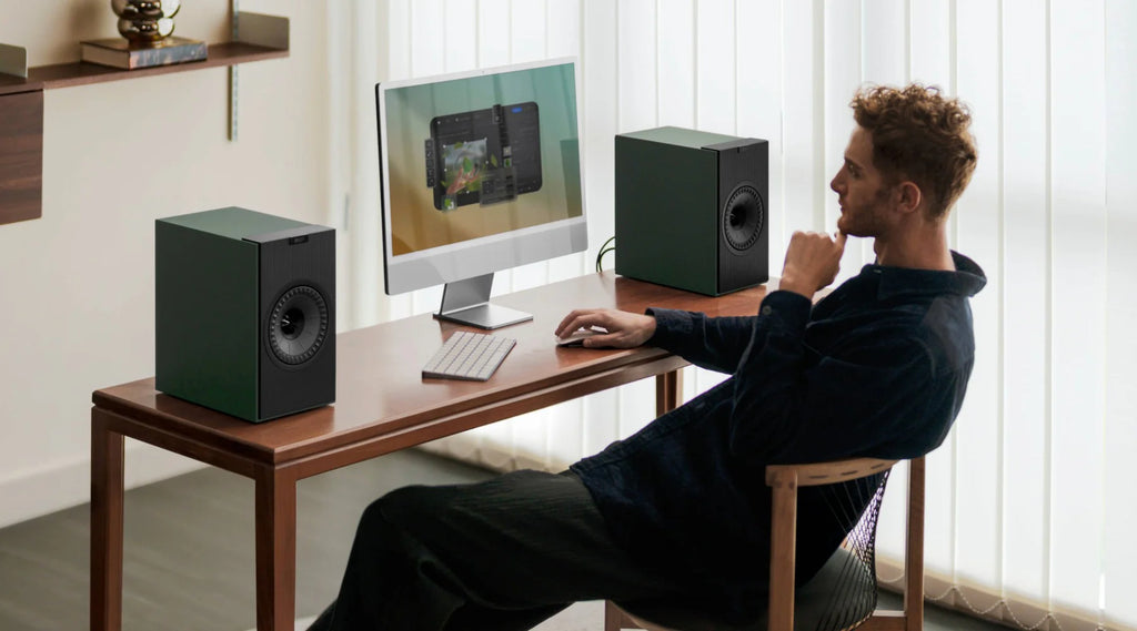 KEF Coda W active bookshelf speakers, detail view.