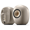 KEF LS Luxe wireless speakers in Dusk Titanium, front and rear view of the pair