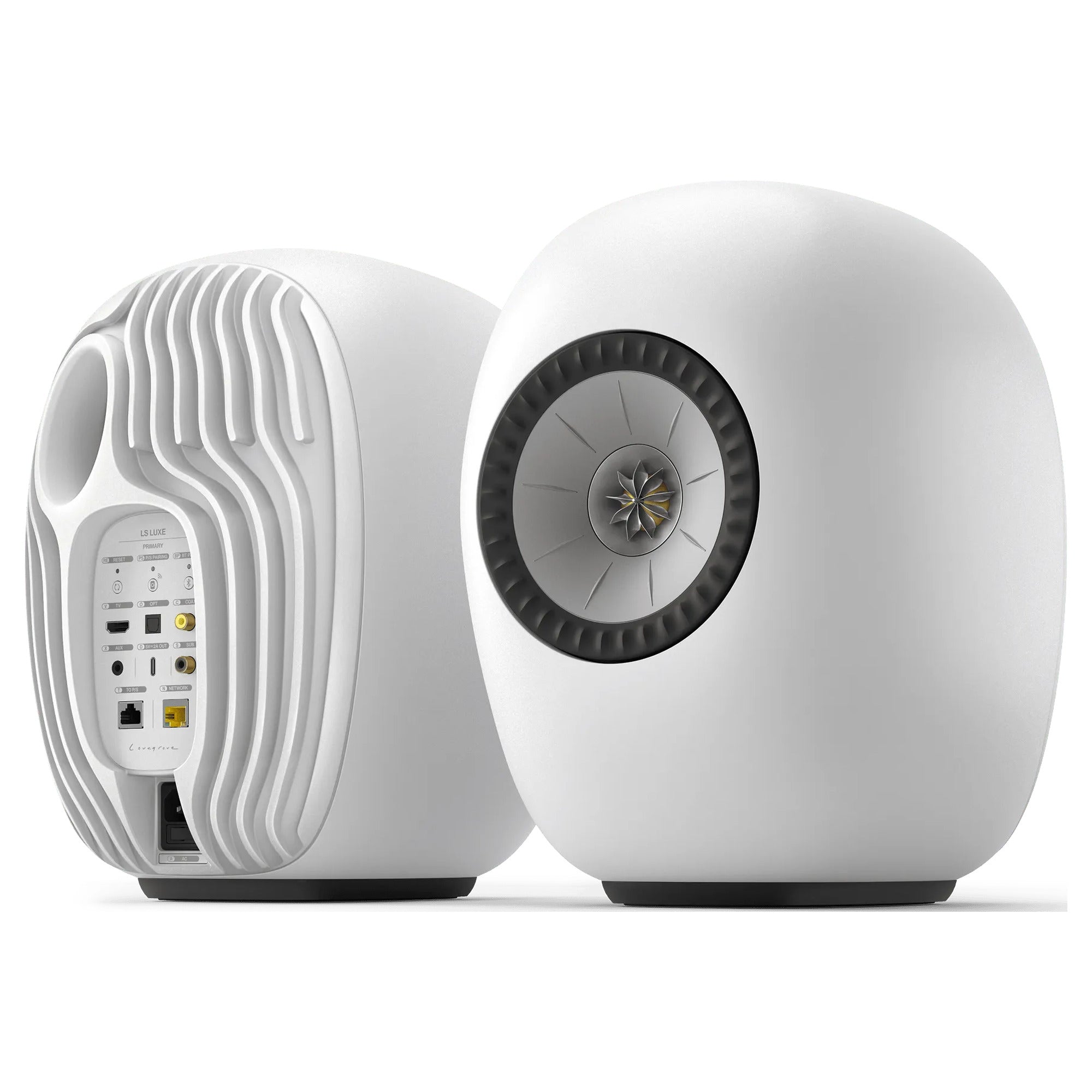 KEF LS Luxe wireless speakers in Mineral White, front and rear view of the pair