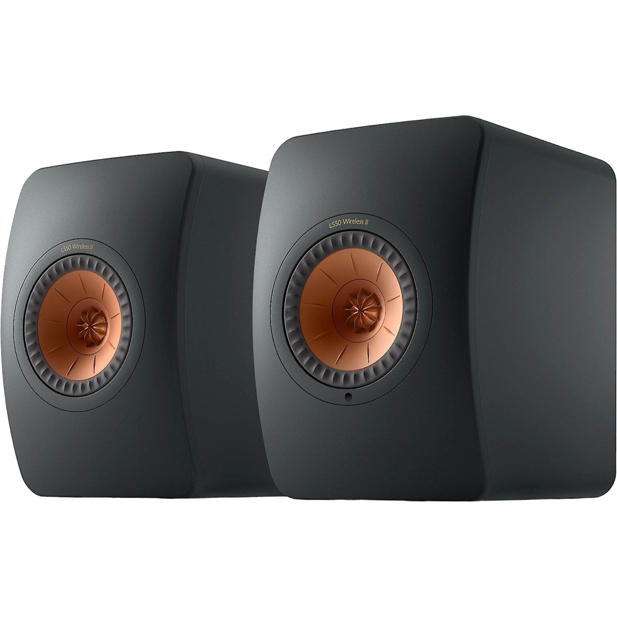 KEF LS50 Wireless II wireless speakers with sleek black cabinets and advanced audio drivers, designed for high-quality sound.