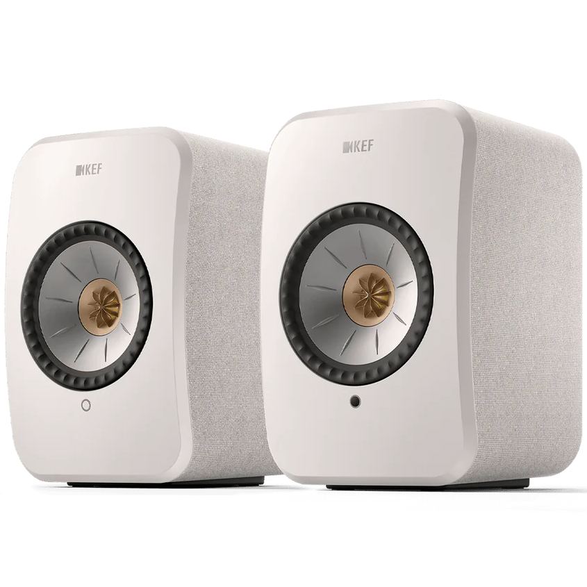 KEF LSX II wireless bookshelf speakers, on floor stands