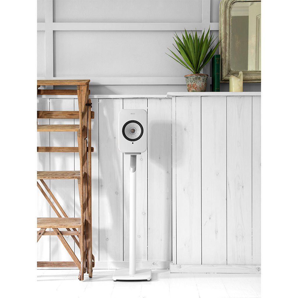 Pair of KEF S1 speaker stands for KEF LSX, showcasing sleek black floor stands designed to support and elevate the speakers.