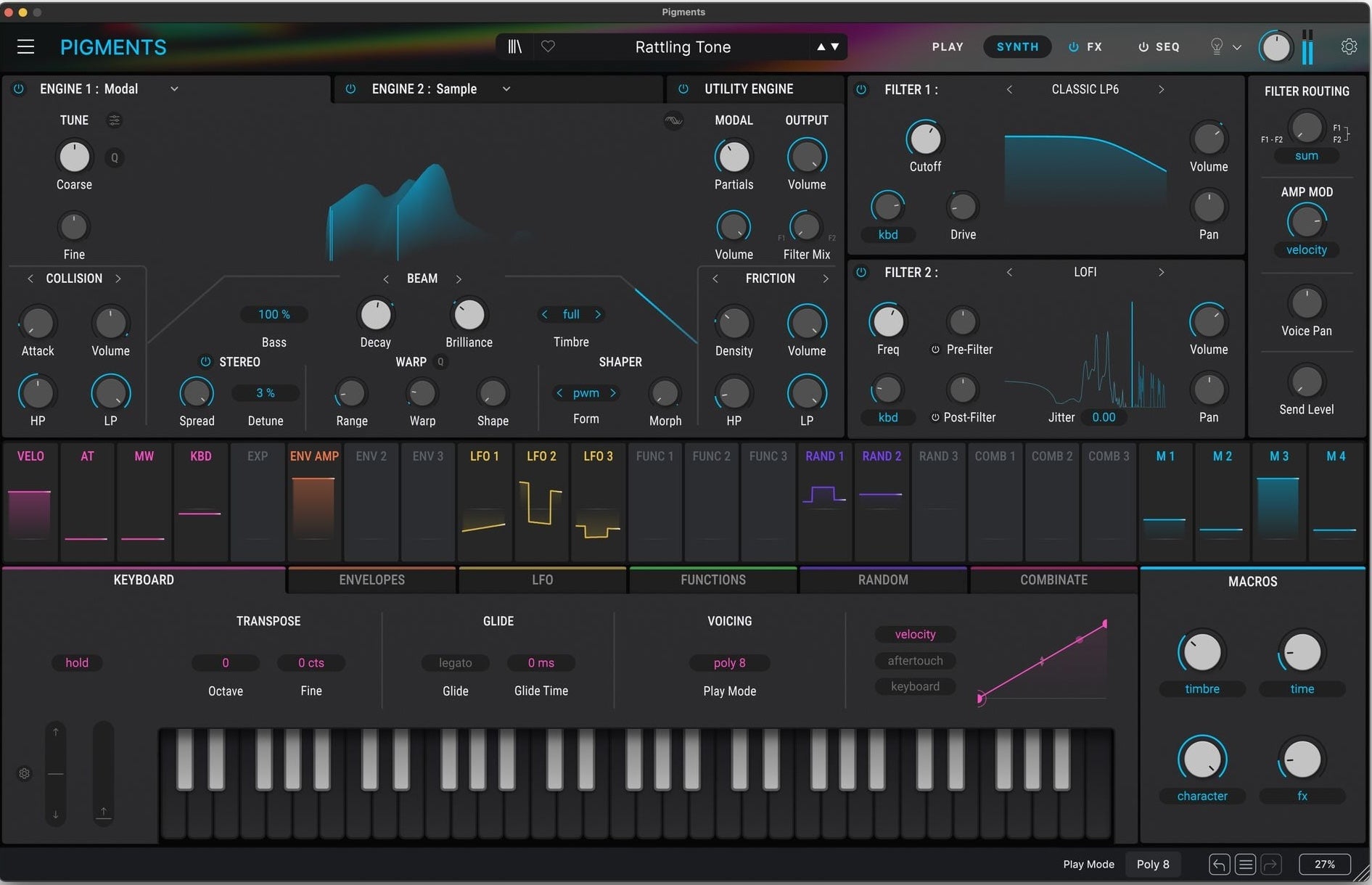 Arturia Pigments 6 music production software interface displayed on a keyboard with colorful visualizations and controls.