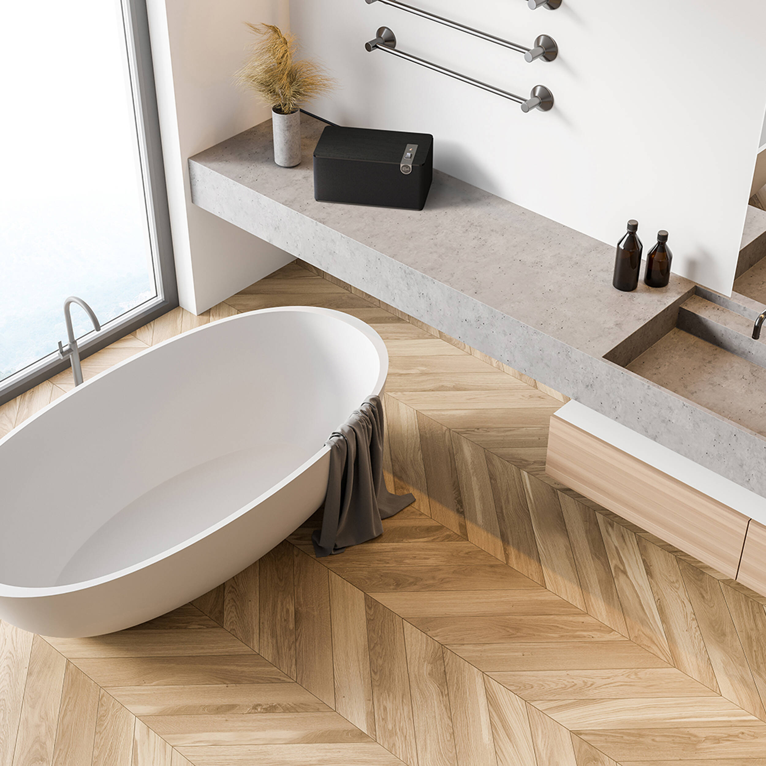 Klipsch The Three Plus wireless speaker, lifestyle by a bathtub in black