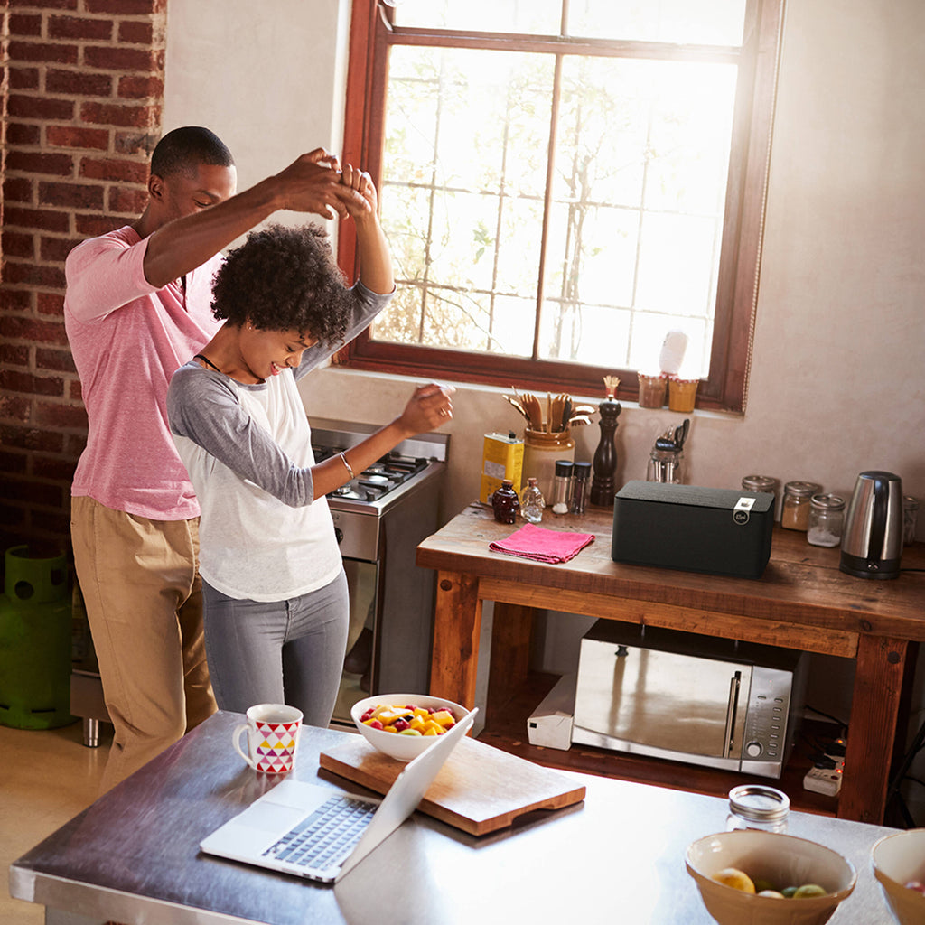 Klipsch The Three Plus wireless speaker, lifestyle in a kitchen in black
