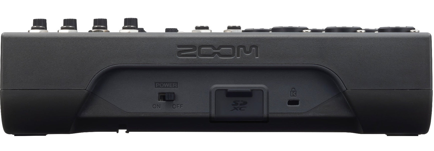 Zoom LiveTrak L-8 digital mixer with multiple input channels, sliders, and control knobs for professional audio mixing.