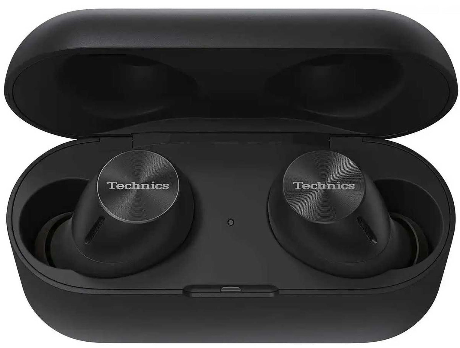 Wireless In-Ear Headphones by Technics, model EAH-AZ40M2, with sleek black earbuds and charging case in the image.