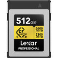 Lexar CFexpress 4.0 Pro Gold memory card with R3600/W3300 speeds, designed for professional photography and videography.