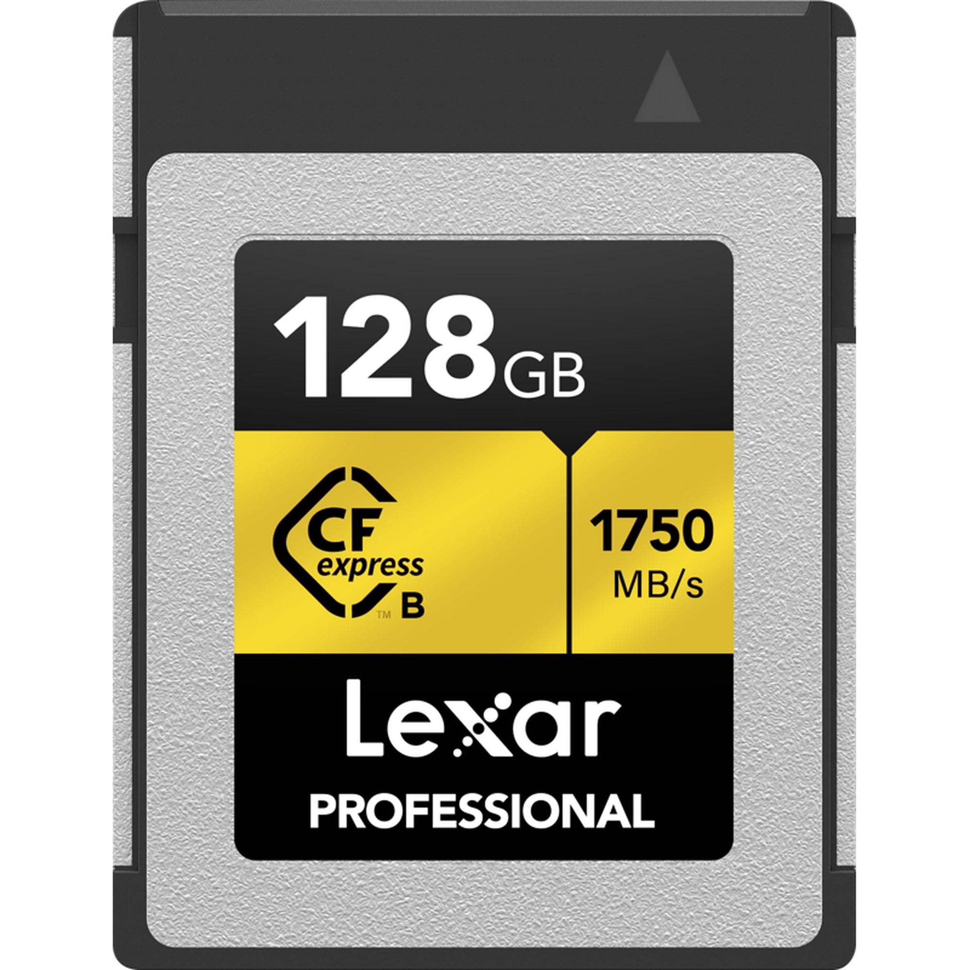 Lexar CFexpress Pro Gold memory card showcasing its gold label and capacity, designed for high-speed data storage.