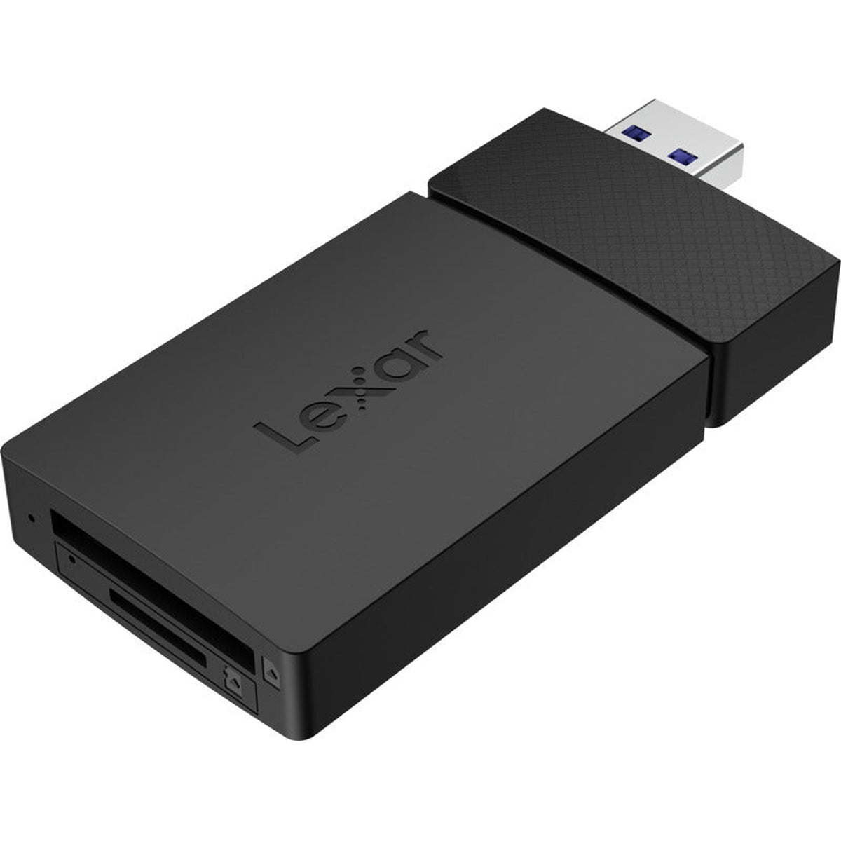 Lexar microSD and SD card reader with USB-A and USB-C connectors, compact device for easy data transfer and card access.