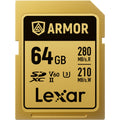 Lexar SDXC ARMOR Gold UHS-II U3, Stainless Steel, IP68 R280/W210 (V60) Memory Card, front view.