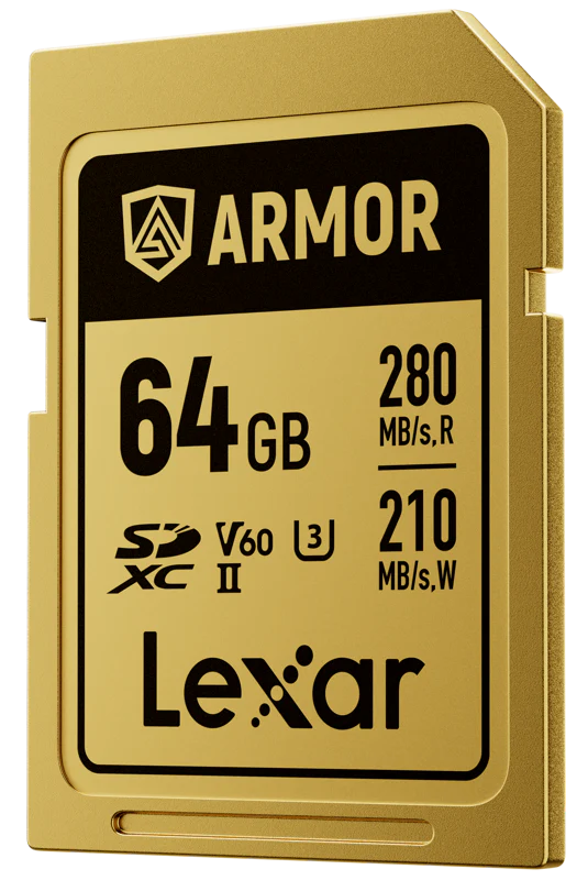 Lexar SDXC ARMOR Gold UHS-II U3, Stainless Steel, IP68 R280/W210 (V60) Memory Card, detail view.
