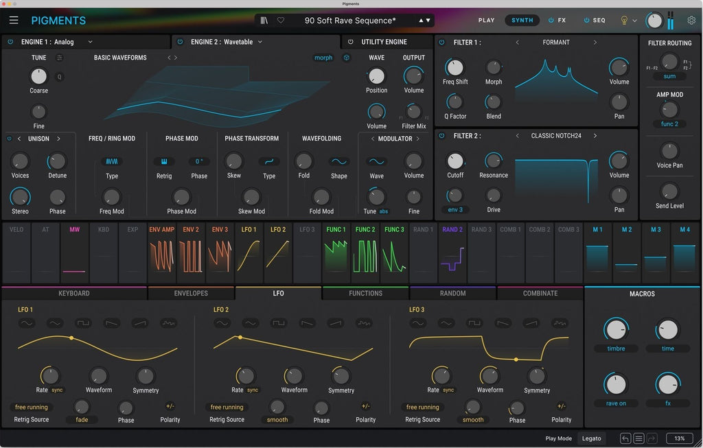 Arturia Pigments 6 music production software interface showing LFO controls and colorful waveform visualizations.