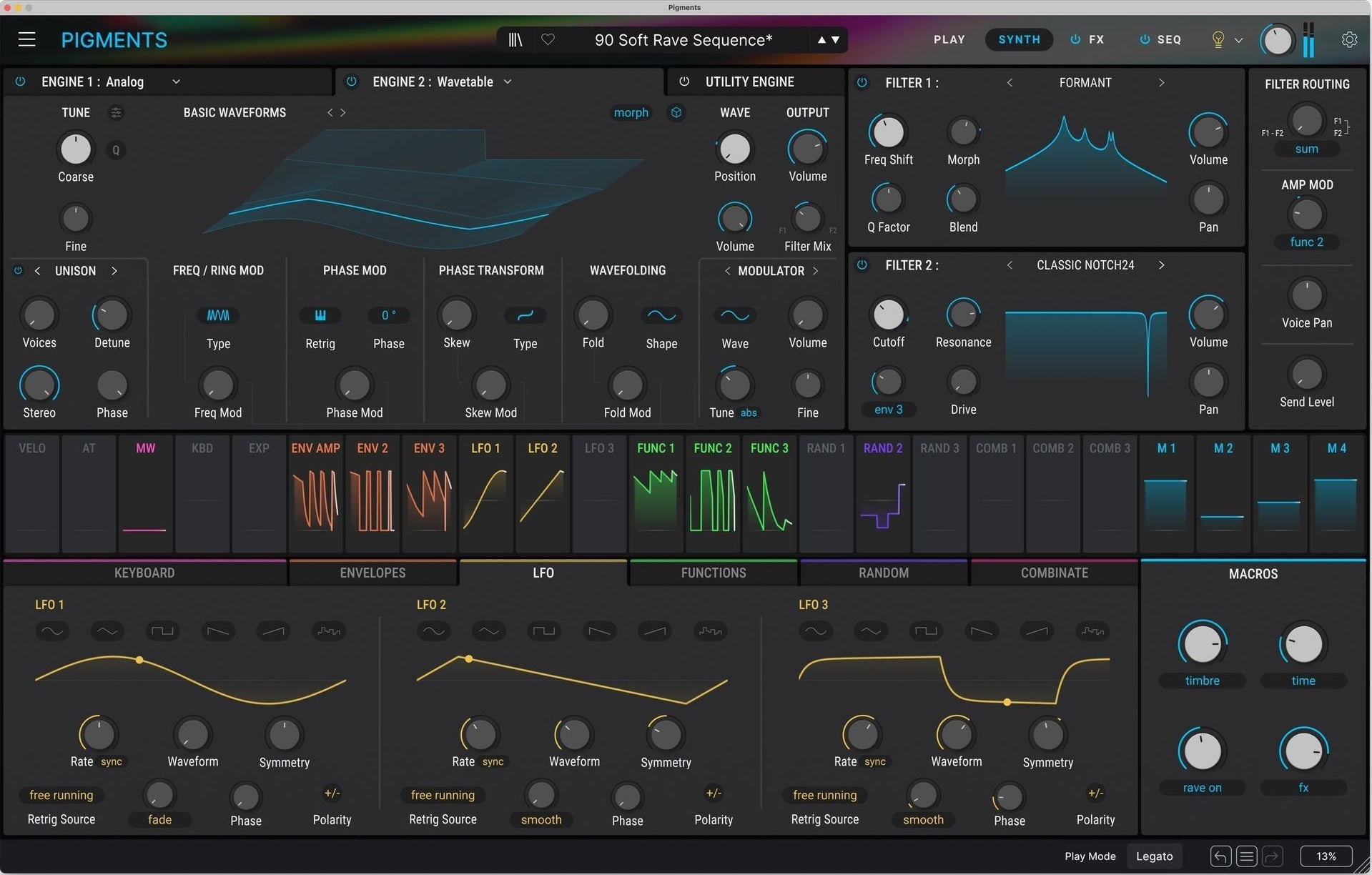 Arturia Pigments 6 music production software interface showing LFO controls and colorful waveform visualizations.