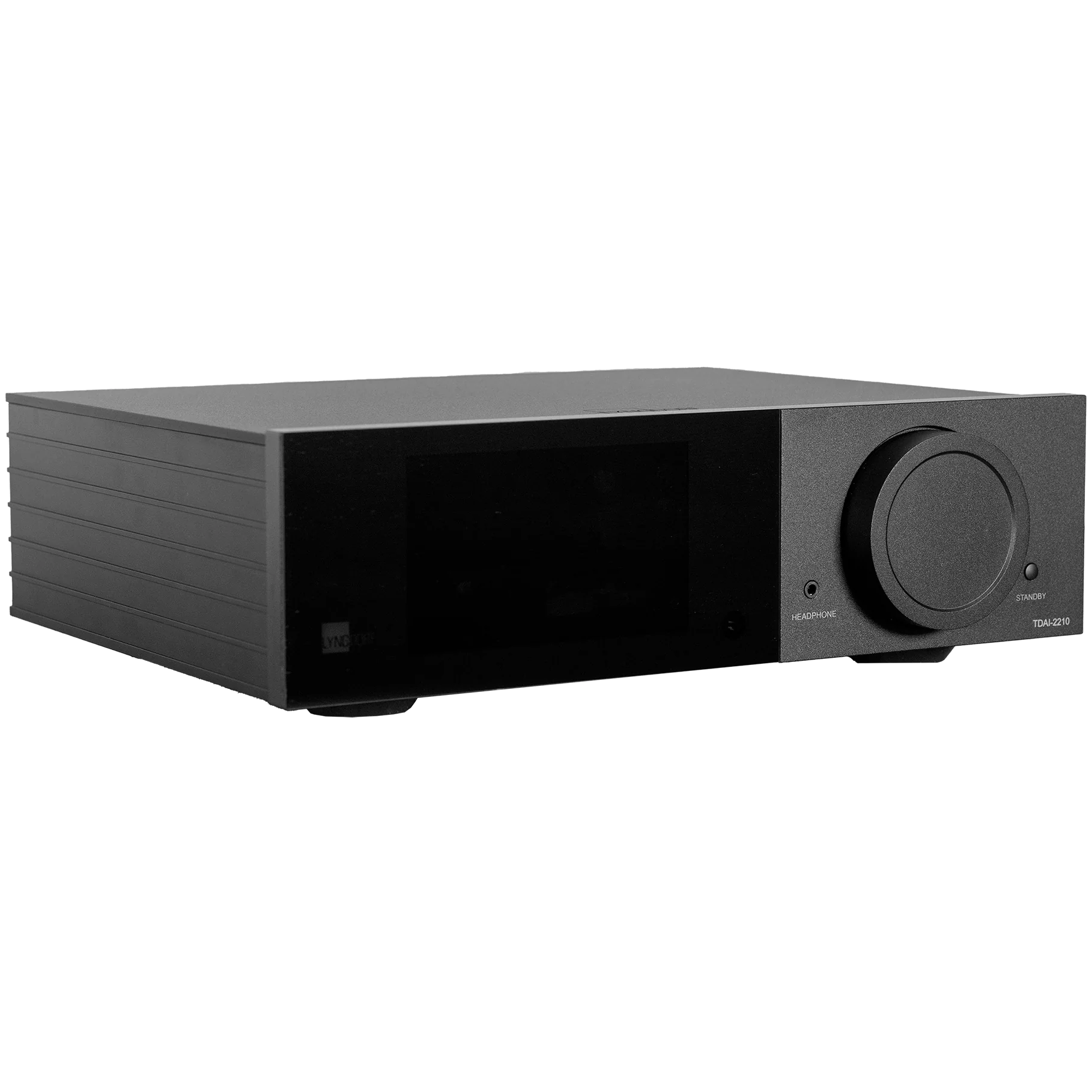 Lyngdorf TDAI-2210 stereo amplifier with RoomPerfect calibration, sleek black finish, and digital controls for high-quality audio.