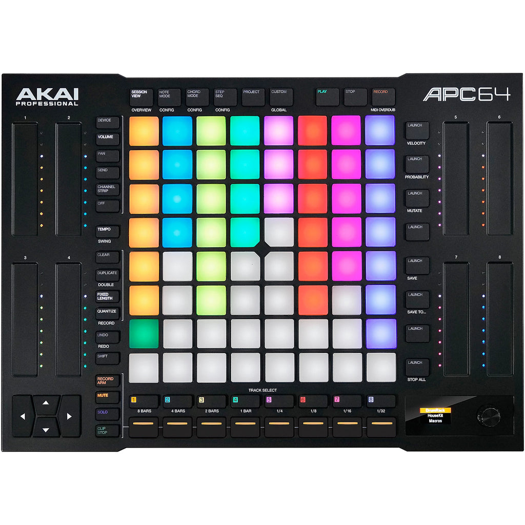Akai Professional APC64 MIDI controller with 64 pads, knobs, and faders for music production and performance.