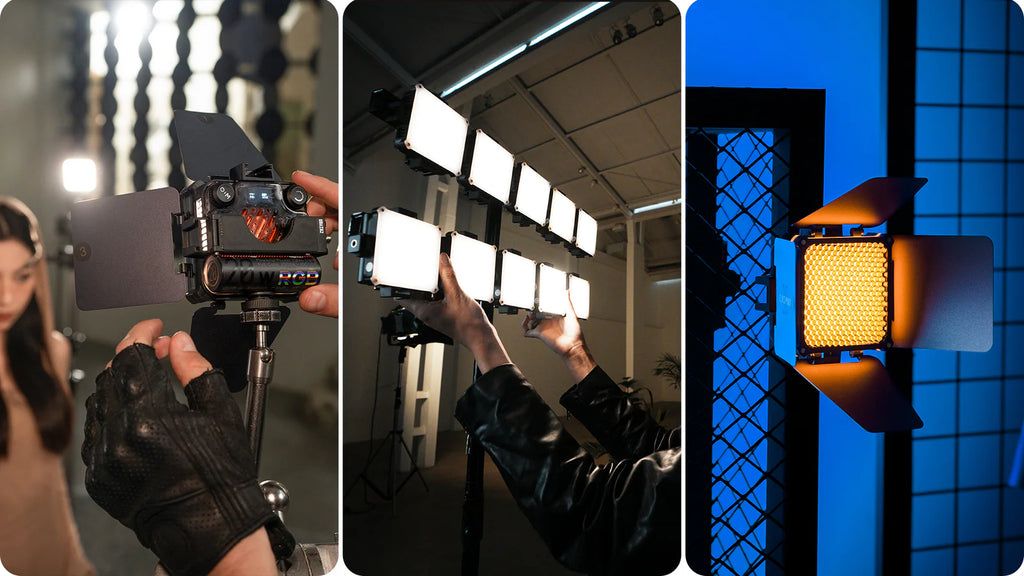 Zhiyun Fiveray M20C RGB light with mounting accessories, showcasing versatile lighting options for photography or videography.