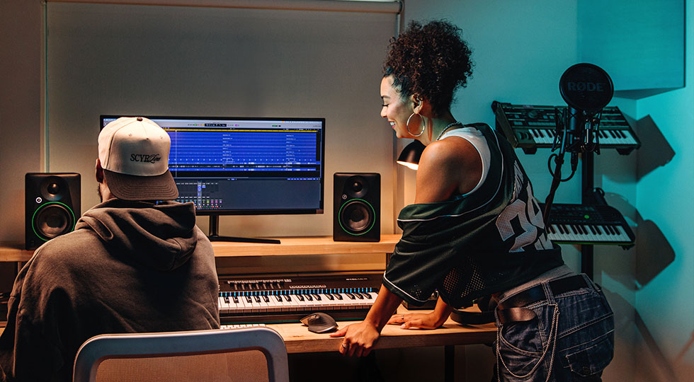 Mackie CR3.5 desktop speakers, lifestyle on studio desk