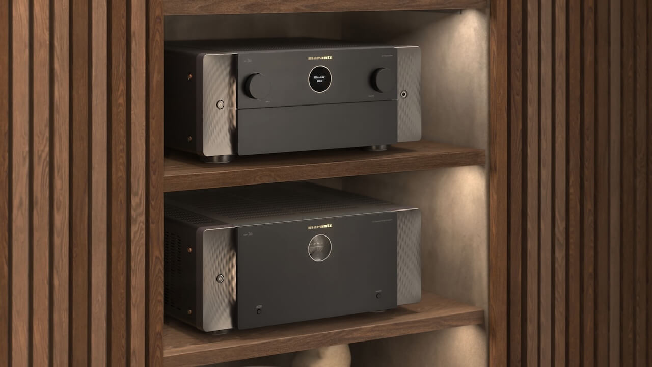 Marantz AV 20 stereo amplifier with sleek black design, front panel controls, and sleek build for high-quality audio performance.