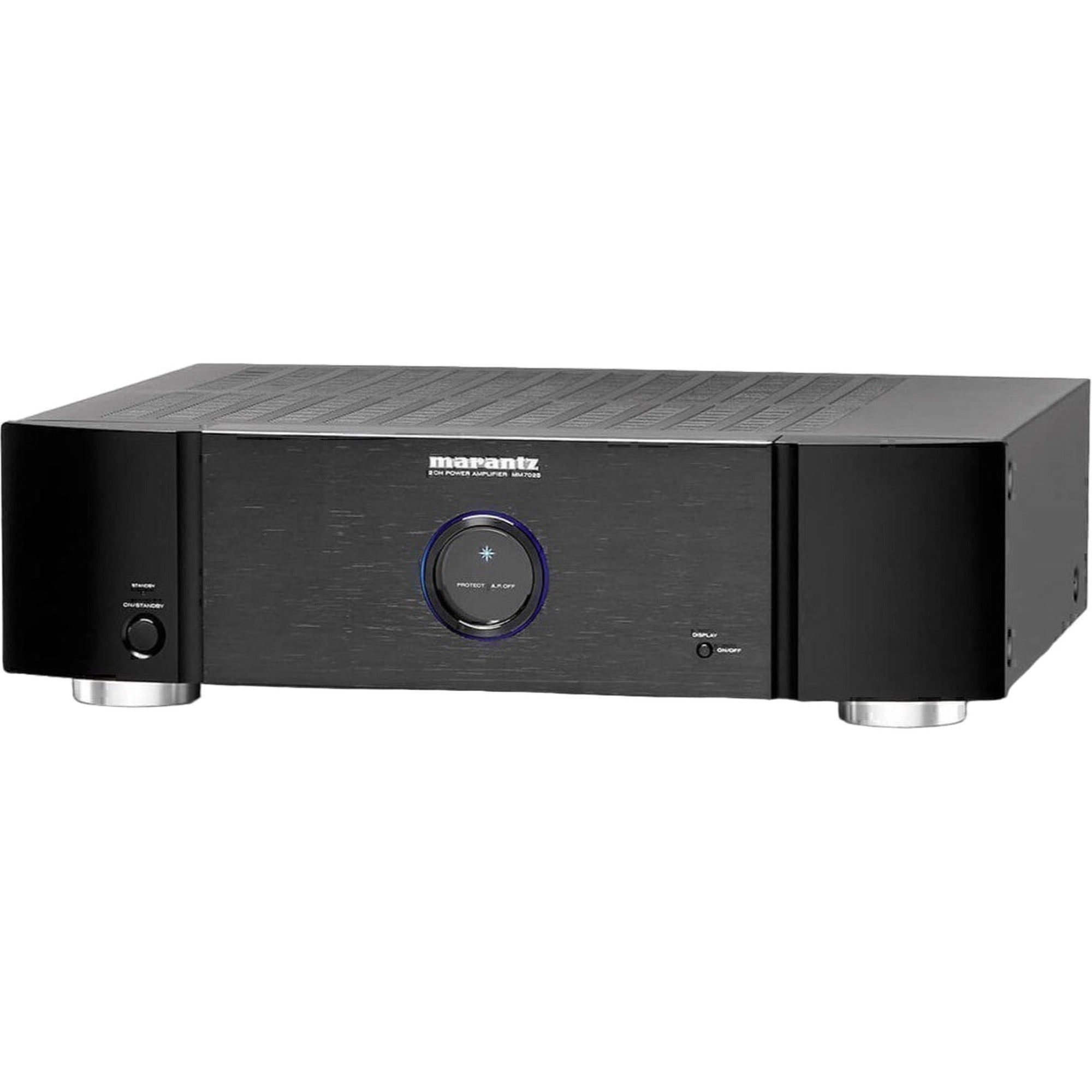 Black Marantz MM7025 stereo amplifier with dual output channels and sleek design, showcasing professional audio equipment.