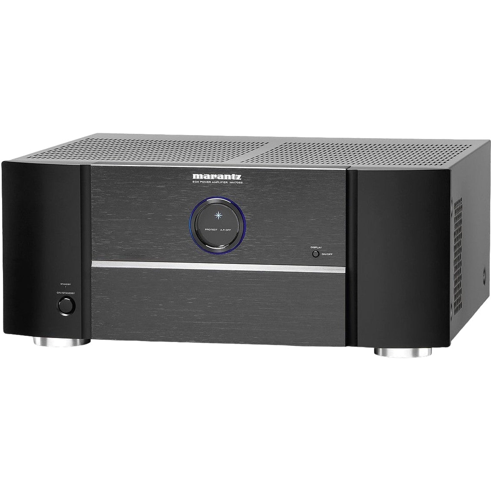 Black Marantz MM7055 stereo amplifier with multiple control knobs and input ports, showcasing its front panel and sleek design.