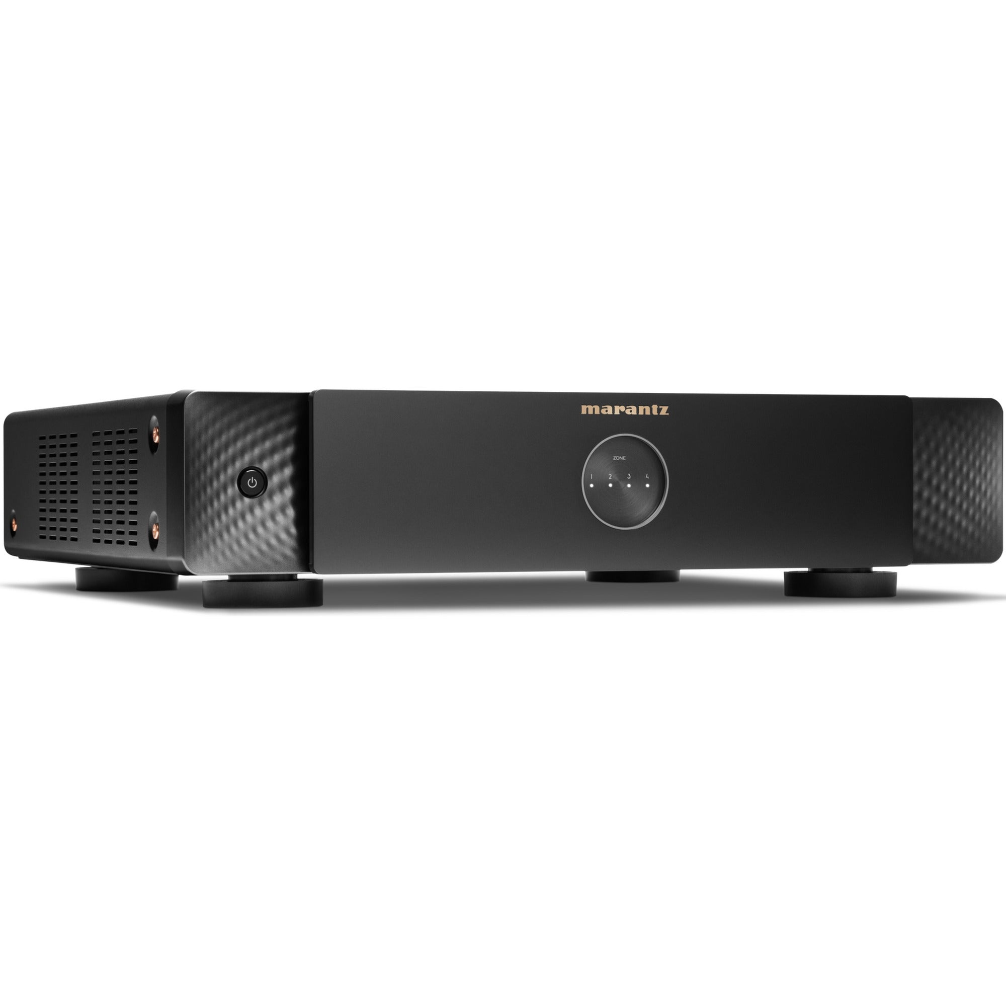 Marantz MODEL M4 black stereo amplifier showing front panel with control knobs and display screen.