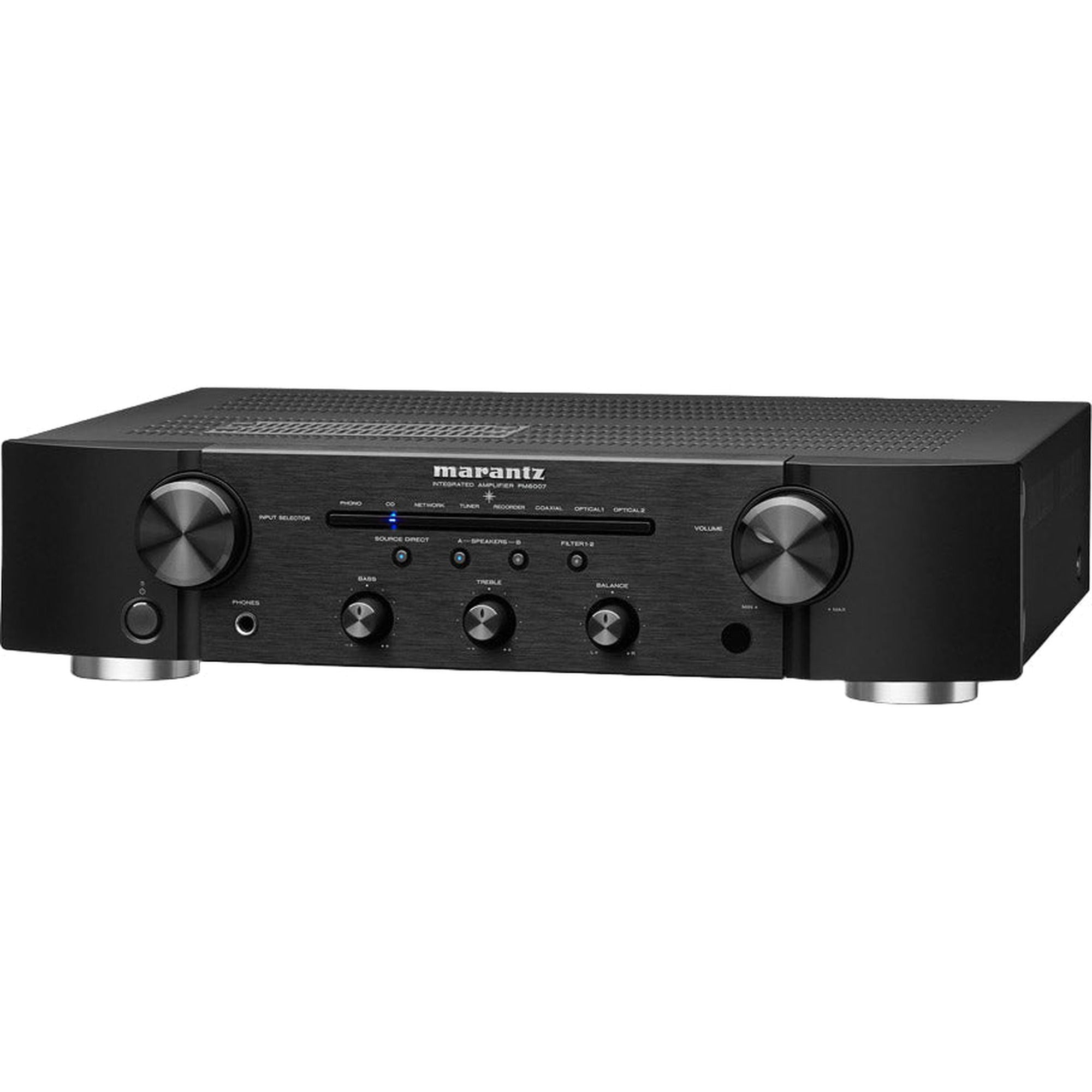 Black Marantz PM6007 stereo amplifier showing control knobs and input options on the front panel.