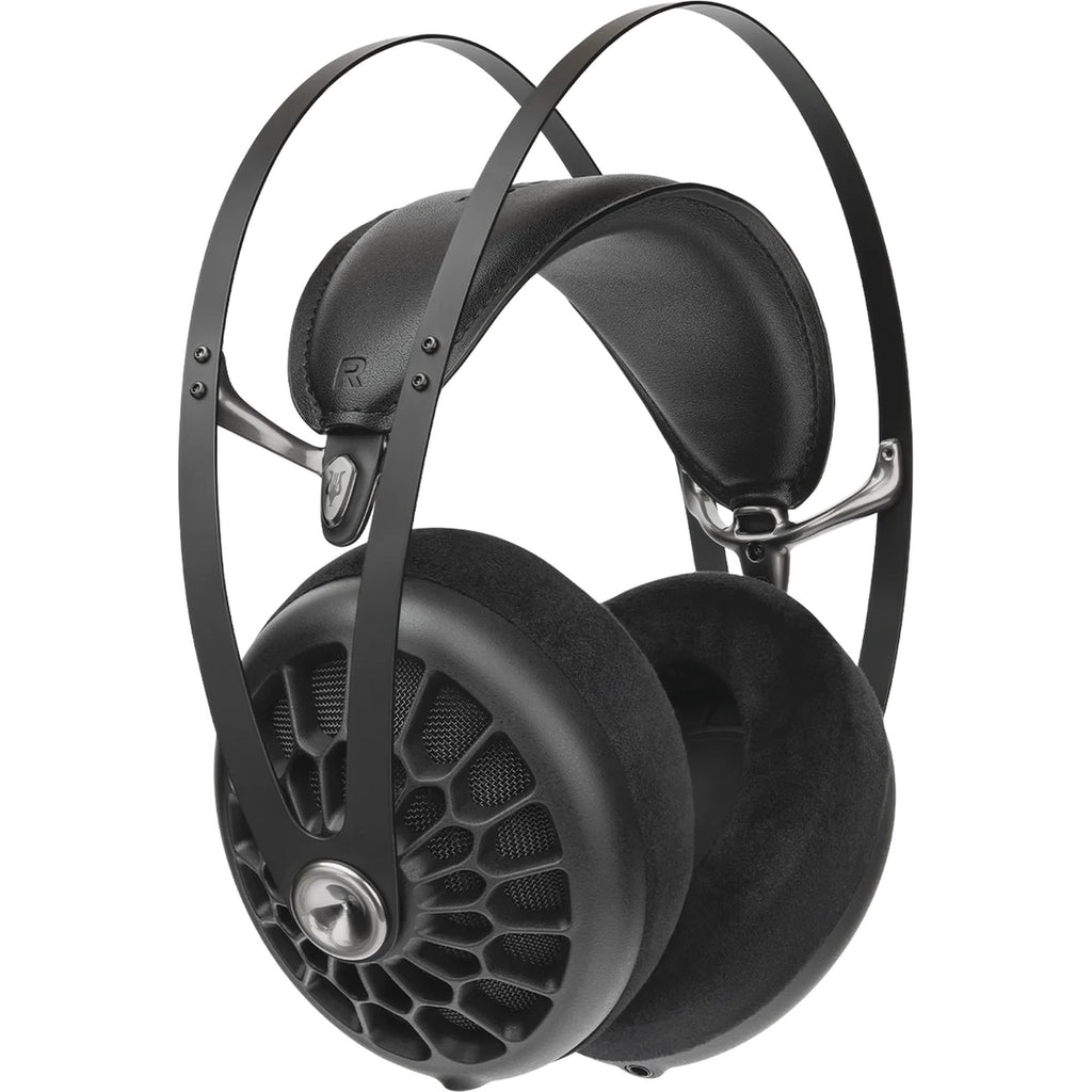 Close-up of Meze Audio 105 AER wired headphones with cushioned ear cups and sleek black design.