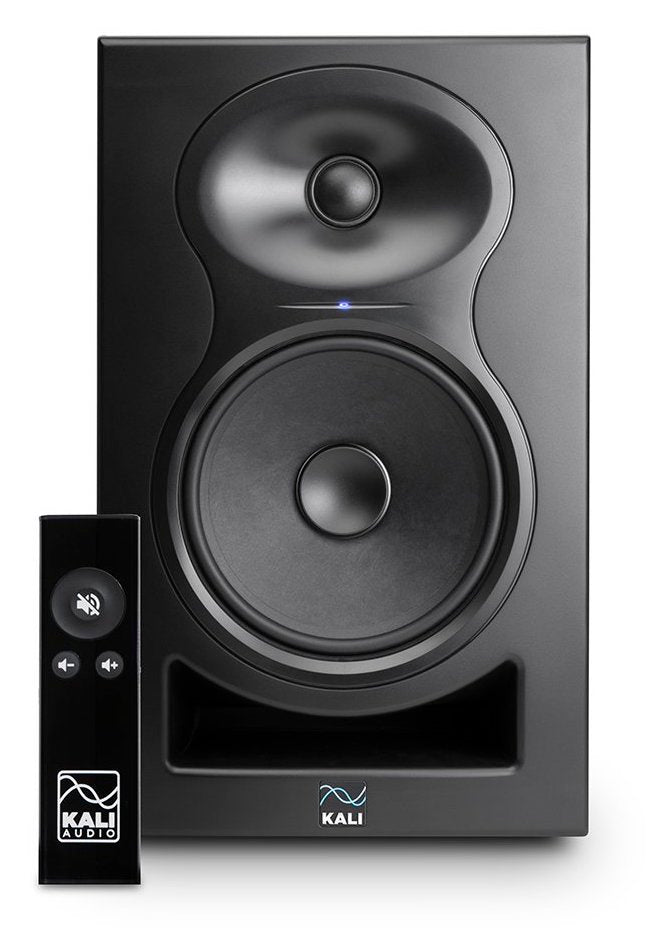 Kali Audio MM-6 active nearfield monitors with remote control, shown from the front view, highlighting sleek black design and control panel.
