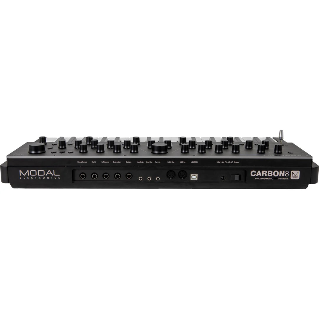 Modal Electronics Carbon8 keyboard synthesizer with black and gray control panel, display screen, and various knobs and buttons.