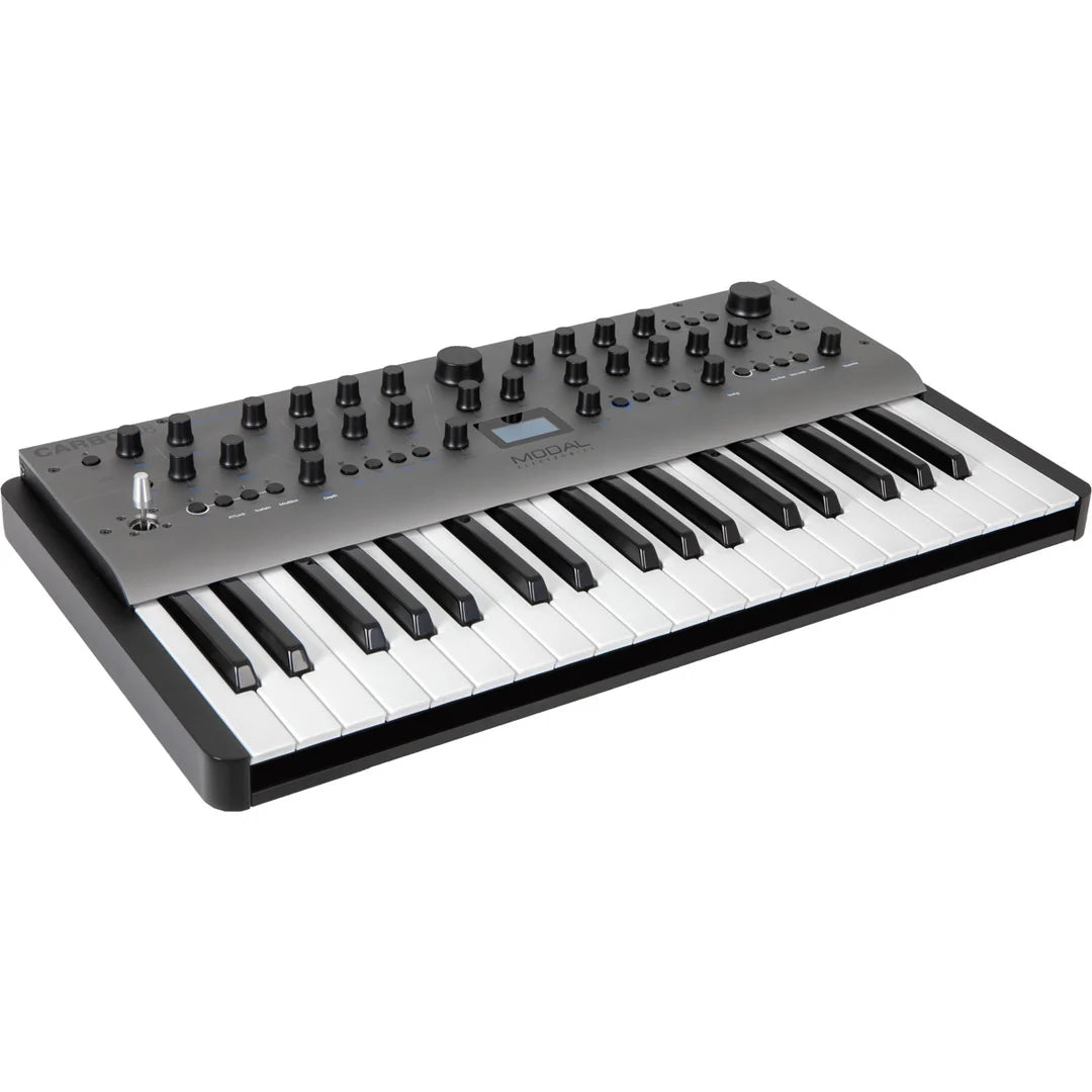 Modal Electronics Carbon8 keyboard synthesizer showing the top, front, and left side with its control panel and display.