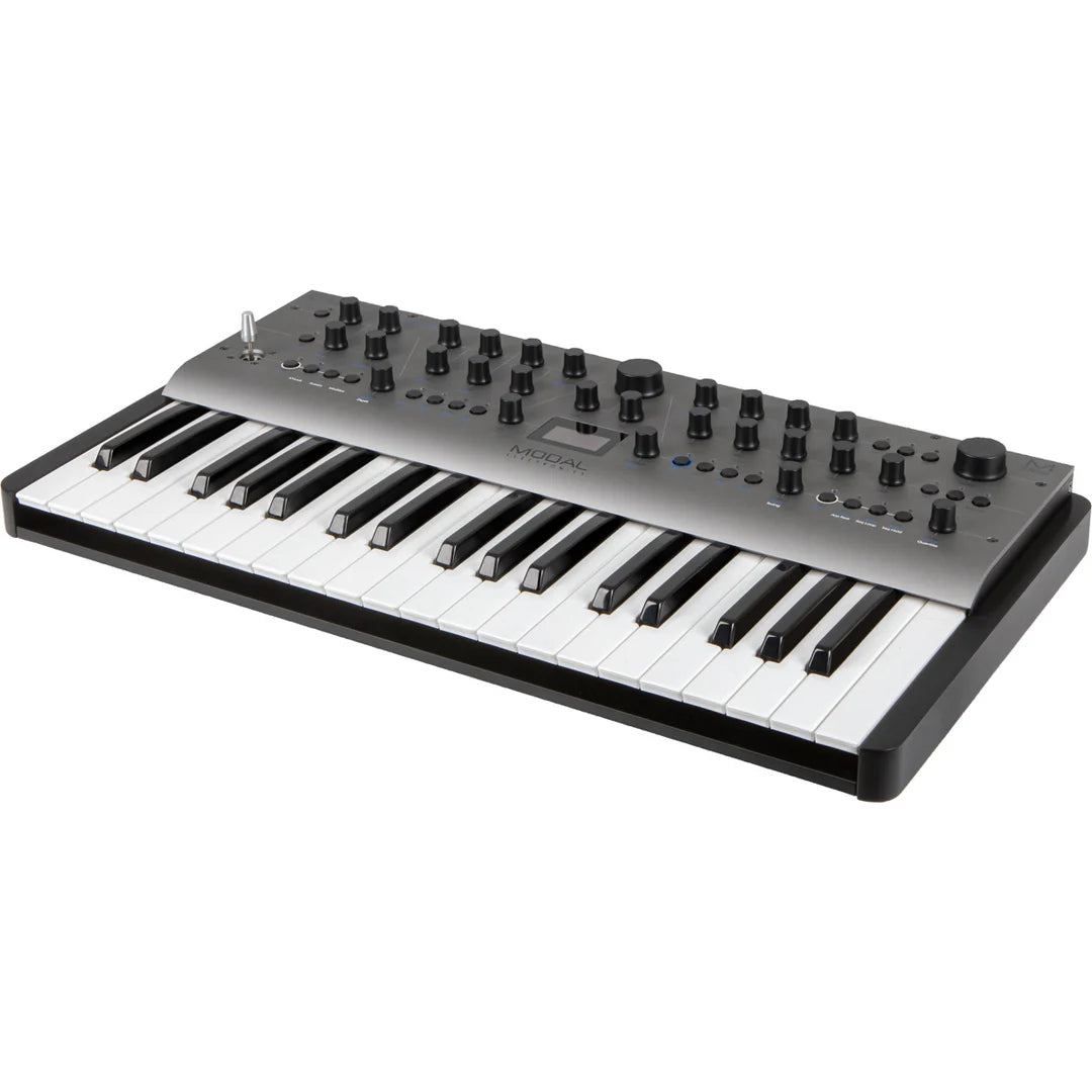 Modal Electronics Carbon8 keyboard synthesizer with a sleek black front panel, showing control knobs and digital display.