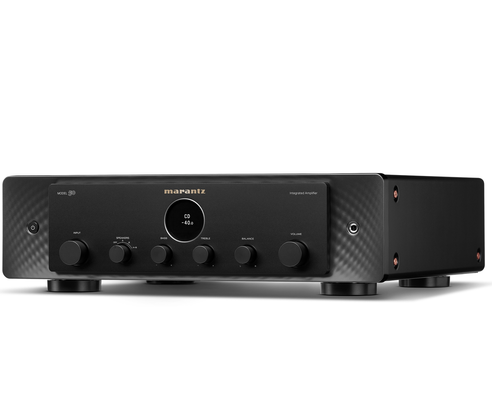 Marantz MODEL 50 stereo amplifier in black, studio-angle view facing left, showcasing front and side design details.