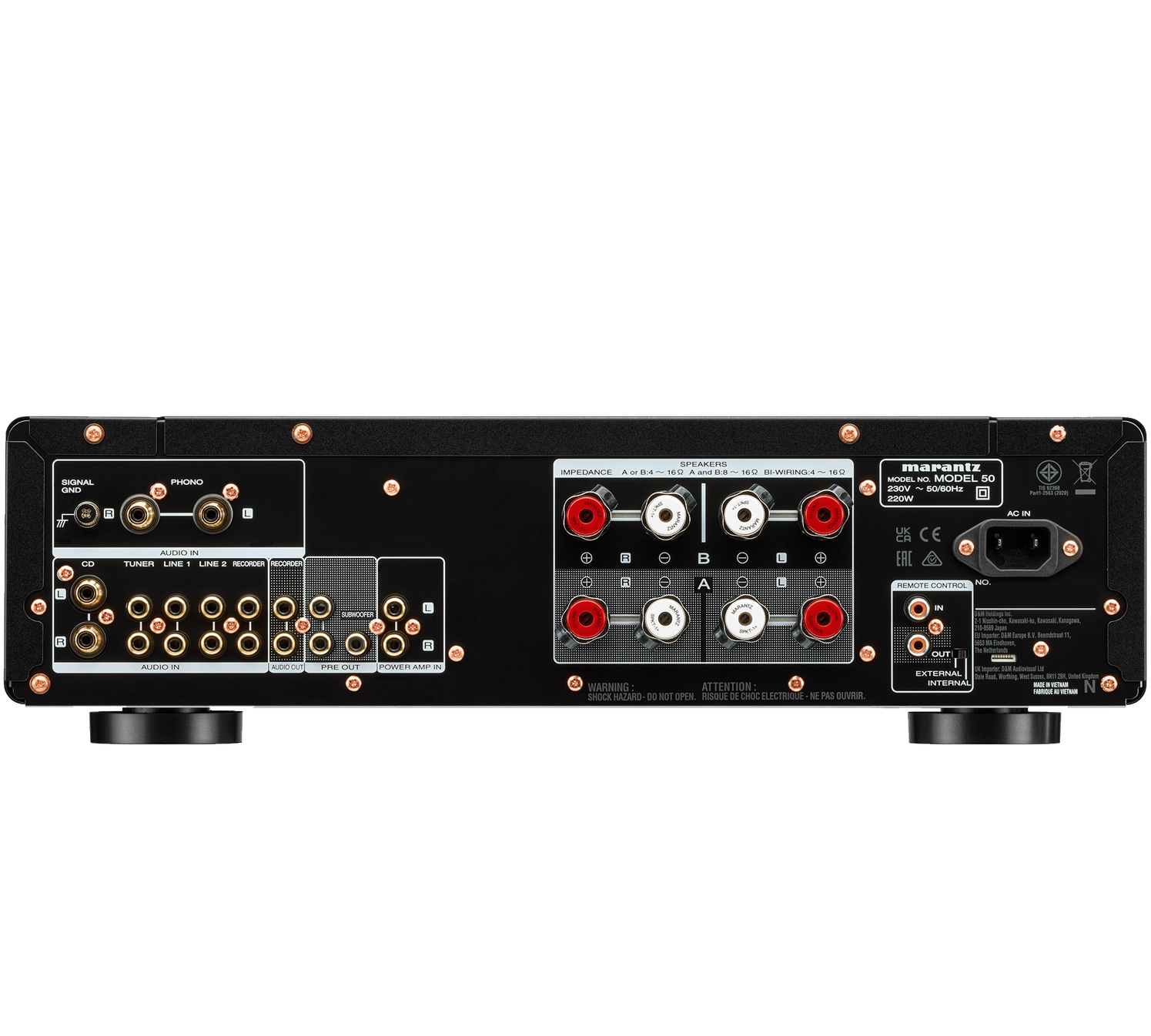 Marantz MODEL 50 stereo amplifier with black back panel and input/output ports, showcasing high-quality audio equipment.
