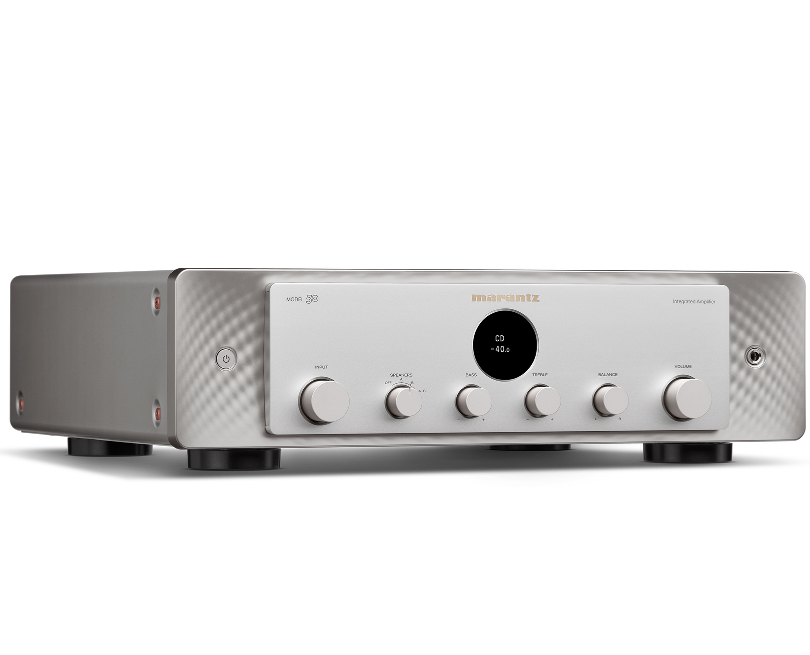 Marantz MODEL 50 stereo amplifier in silver, viewed from a studio angle facing right, showcasing its sleek design and controls.