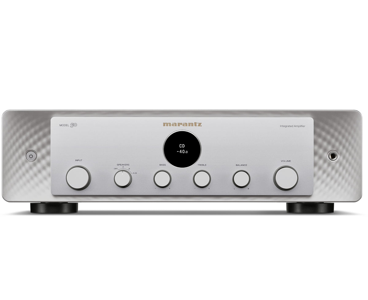 Marantz MODEL 50 stereo amplifier in silver, front view showcasing control knobs and sleek design.