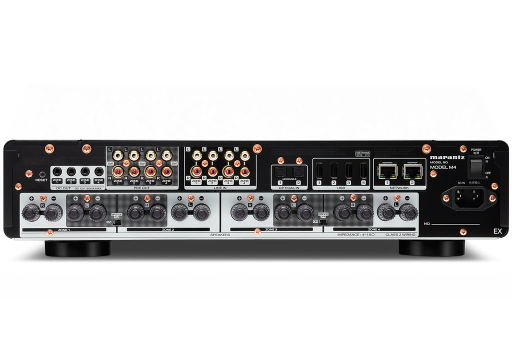 Marantz MODEL M4 stereo amplifier with sleek design and controls, shown in a close-up image.