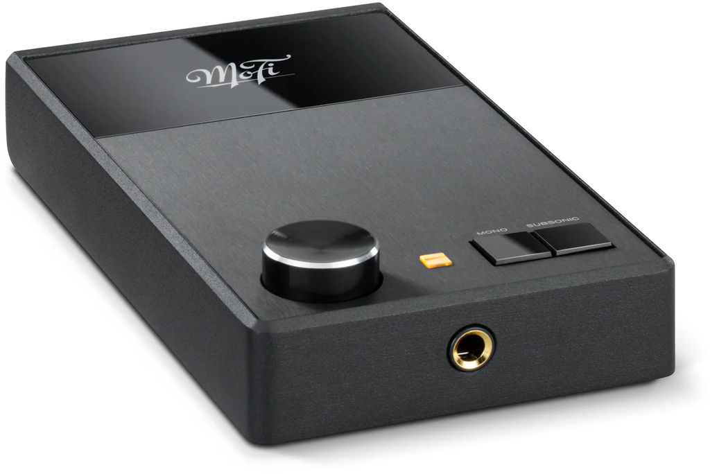 MoFi Electronics UltraPhono phono preamp shown from a right-angle perspective, highlighting its sleek design and input connections.