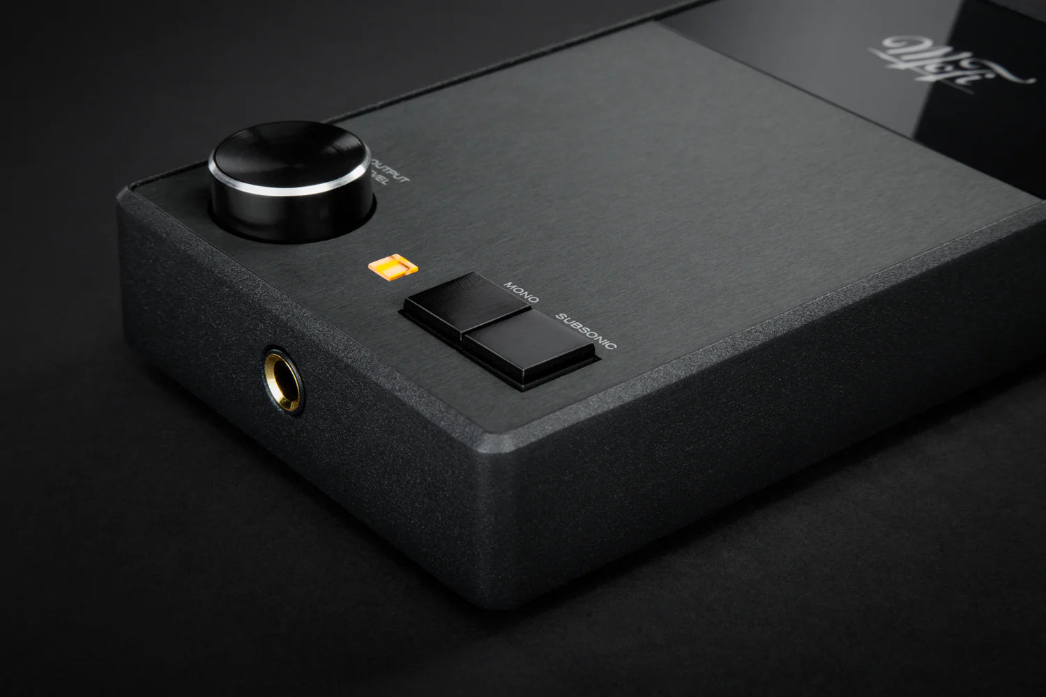 Close-up of MoFi Electronics UltraPhono phono preamp showing detailed control knobs and input connections.