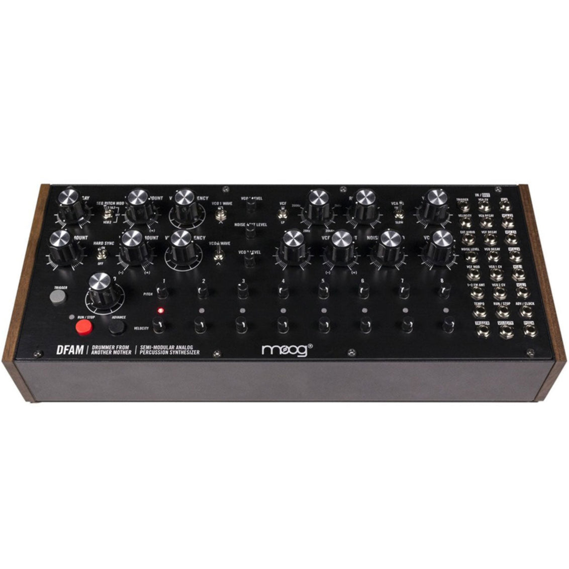 Moog DFAM analog synthesizer with patch points and control knobs, showcasing its modular design and expressive interface.