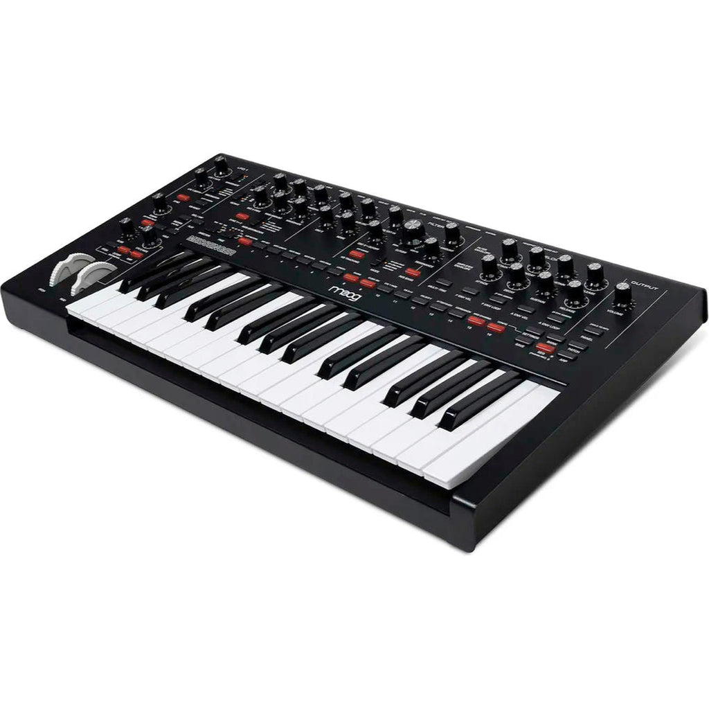 Moog Messenger synthesizer with keyboard and control panel, featuring knobs and switches for electronic music production.