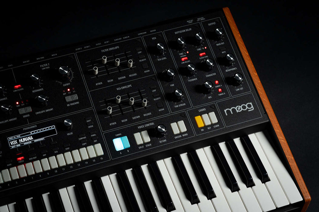 Moog Muse synthesizer with black background showing its control panel and vintage-style knobs and switches