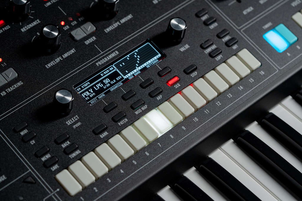 Moog Muse synthesizer with sleek black finish and control knobs, showcasing Moog's high-quality electronic music instrument.