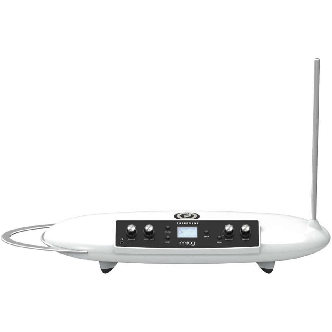Moog Theremini synthesizer with a sleek black design, featuring touch-sensitive controls and a compact, modern shape.