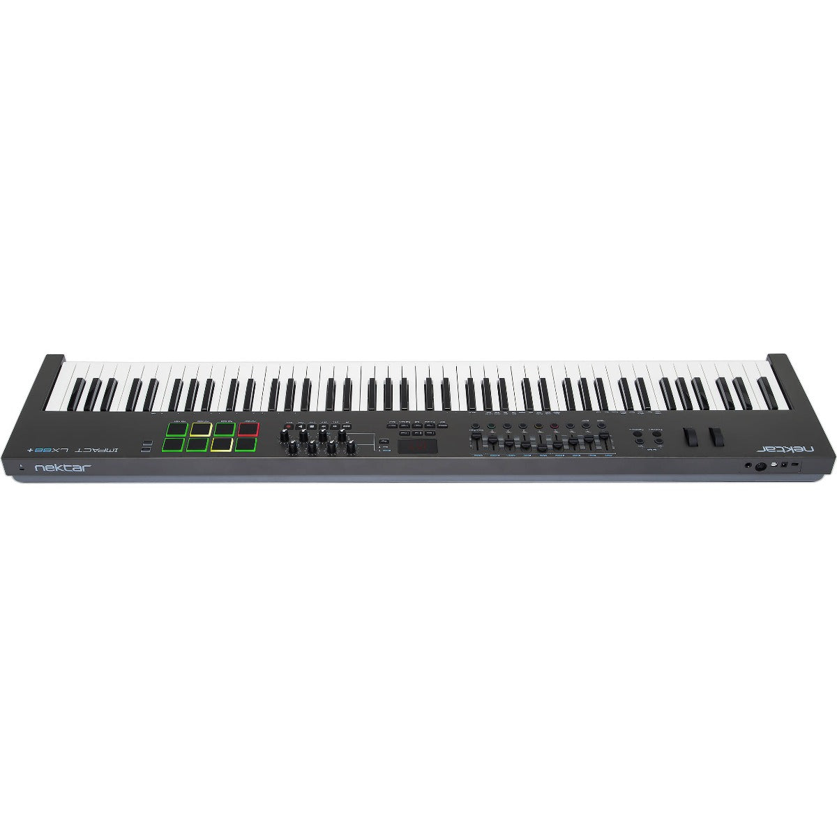 Nektar Impact LX88+ MIDI keyboard with 88 keys, control knobs, and transport buttons on a black background.