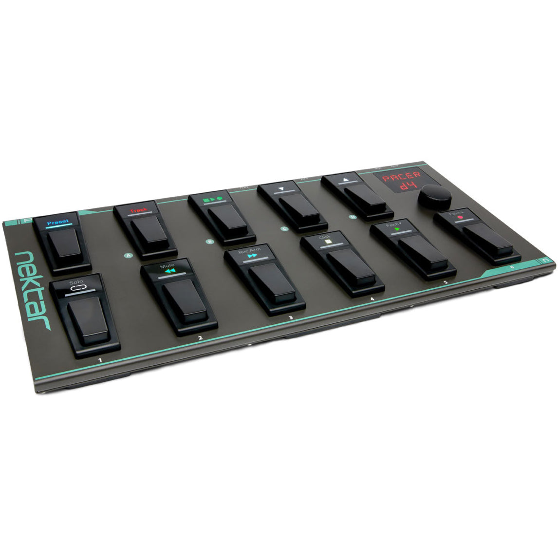 Nektar Pacer MIDI controller with pads, knobs, and buttons for music production and performance on a sleek black interface.