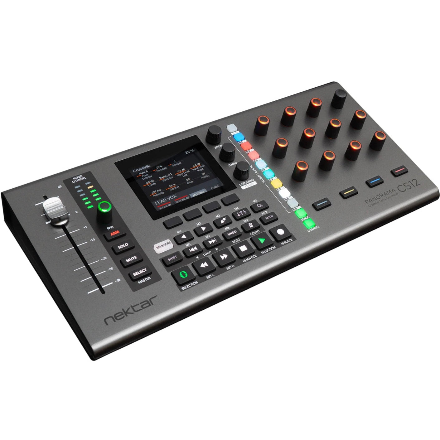 Nektar Panorama CS12 DAW controller with numerous knobs, faders, and buttons for music production and mixing.