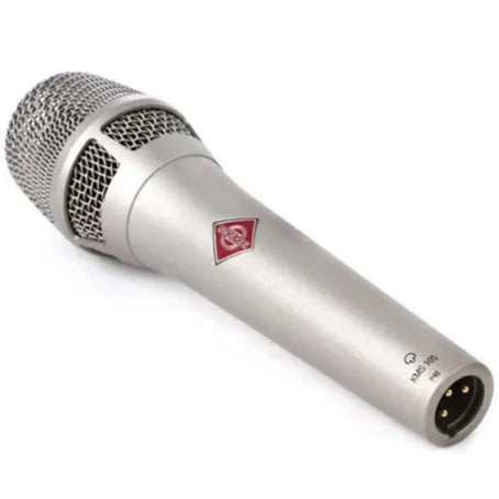 Neumann KMS 105 silver condenser microphone with a sleek metal body and cardioid pickup pattern for professional audio recording