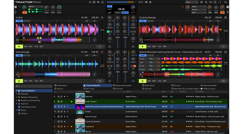 Native Instruments Traktor Pro 4 DJ software interface with colorful decks and mixing controls on a computer screen.